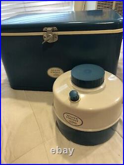 Vintage 60s Thermos Blue Metal Cooler Ice Chest. With Original Jug And Box