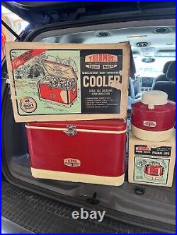 Vintage 70s Thermos Red Metal Cooler with Matching Picnic Jug and Original Boxes