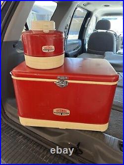 Vintage 70s Thermos Red Metal Cooler with Matching Picnic Jug and Original Boxes