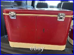 Vintage 70s Thermos Red Metal Cooler with Matching Picnic Jug and Original Boxes