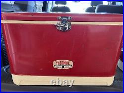 Vintage 70s Thermos Red Metal Cooler with Matching Picnic Jug and Original Boxes