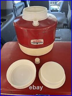 Vintage 70s Thermos Red Metal Cooler with Matching Picnic Jug and Original Boxes