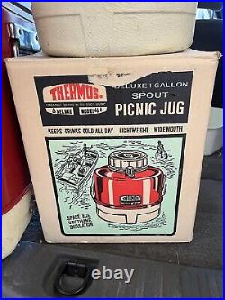 Vintage 70s Thermos Red Metal Cooler with Matching Picnic Jug and Original Boxes