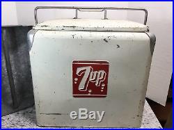 Vintage 7up Metal Cooler with Original Tray And Handle White and Red 1950's