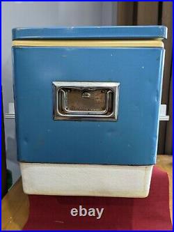 Vintage Blue Coleman Metal Cooler Rare with dual bottle openers