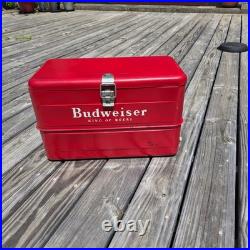 Vintage Budweiser Red Metal Cooler Ice Chest Complete Set Tray 1950s 1960s Retro