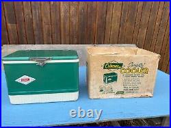 Vintage COLEMAN GREEN Metal Cooler Soda Drink Model 5215B SNOWLITE Cardboard Box