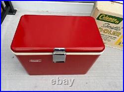 Vintage COLEMAN RED Metal Cooler Soda Drink Model 5281B SNOWLITE Cardboard Box