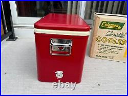 Vintage COLEMAN RED Metal Cooler Soda Drink Model 5281B SNOWLITE Cardboard Box