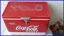 Vintage Coca Cola Coleman Ice Chest Red Metal Handles Rare Cooler Steel Made USA