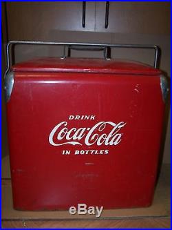 Vintage Coca-Cola Metal Cooler Ice Chest With Carrying Handle & Bottle Opener