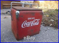 Vintage Coca-Cola Metal Cooler Ice Chest With Carrying Handle & Bottle Opener