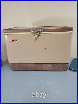 Vintage Coleman 2 tone BROWN & TAN Metal Cooler with Bottle Openers