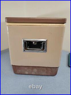 Vintage Coleman 2 tone BROWN & TAN Metal Cooler with Bottle Openers