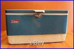 Vintage Coleman 44 Qt. Blue & White Metal Cooler with Plastic Tray November 1971