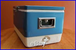 Vintage Coleman 44 Qt. Blue & White Metal Cooler with Plastic Tray November 1971