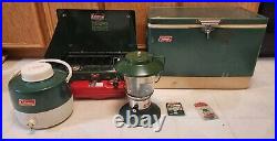 Vintage Coleman Camping Green Steel Cooler, Gallon Jug, 425f Stove, 5114C Lanter