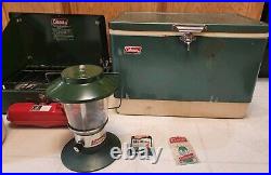 Vintage Coleman Camping Green Steel Cooler, Gallon Jug, 425f Stove, 5114C Lanter