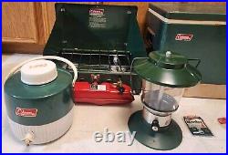 Vintage Coleman Camping Green Steel Cooler, Gallon Jug, 425f Stove, 5114C Lanter