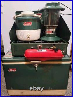 Vintage Coleman Camping Green Steel Cooler, Gallon Jug, 425f Stove, 5114C Lanter