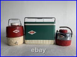 Vintage Coleman Cooler Diamond Metal 3 Logo Green Red Water Jug Beer Lot Chrome