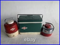 Vintage Coleman Cooler Diamond Metal 3 Logo Green Red Water Jug Beer Lot Chrome