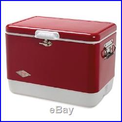 Vintage Coleman Cooler Metal Red Belted Ice Chest Camping Beach Steel 54 Quart