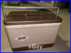 Vintage Coleman Diamond Logo Tan Metal Camping Cooler Ice Chest Carry Size