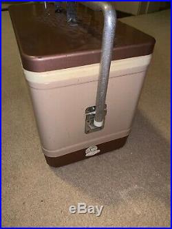 Vintage Coleman Diamond Logo Tan Metal Camping Cooler Ice Chest Carry Size
