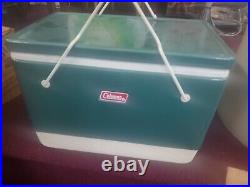 Vintage Coleman Green Metal Cooler Camping Ice Chest with Folding Handles June 83
