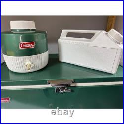 Vintage Coleman Green Metal Cooler Water Jug and Ice Pack 3 Piece Camping Set