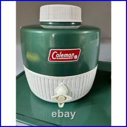 Vintage Coleman Green Metal Cooler Water Jug and Ice Pack 3 Piece Camping Set