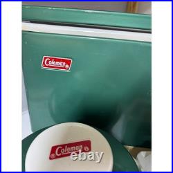 Vintage Coleman Green Metal Cooler Water Jug and Ice Pack 3 Piece Camping Set