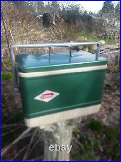 Vintage Coleman Green Metal Cooler with Handle Diamond Badge Ice Chest
