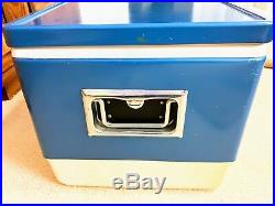 Vintage Coleman Large Metal Cooler Ice Chest Box Blue with Bottle Openers And Tray