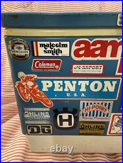 Vintage Coleman Metal Cooler Ice Chest Motorcycle Stickers Decals Motocross OOAK