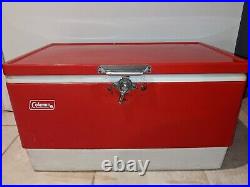 Vintage Coleman Red Metal Cooler withHandles Bottle Openers & Drain 1970s USA MADE