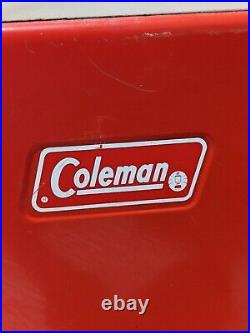 Vintage Coleman Red Metal Cooler withHandles Bottle Openers & Drain 1970s USA MADE