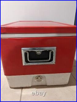 Vintage Coleman Red Metal Cooler withHandles Bottle Openers & Drain 1970s USA MADE