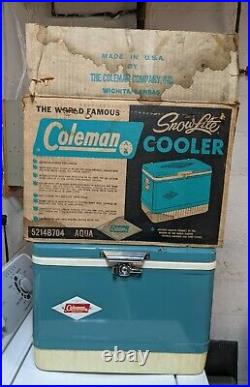 Vintage Coleman Snow Lite Metal Green Cooler with Original Box & Ad Model 5214B704