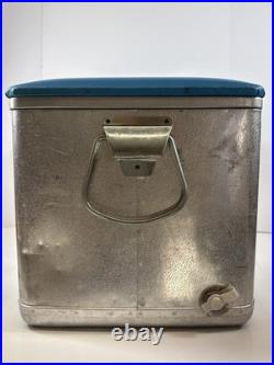 Vintage Cronco Cronstrom's Metal Cooler Ice Chest Blue Padded Seat Lid Tray 22