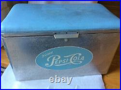 Vintage Cronstroms Pepsi Cola Metal Cooler Camping Blue Logo with Handle & Inserts
