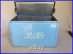 Vintage DRINK PEPSI COLA Rare Baby Blue Metal Cooler with Aluminum Liner & Tray