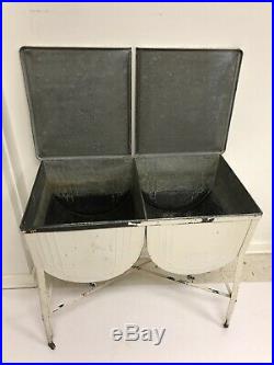 Vintage Double Basin Wash Tub stand metal galvanized planter beer cooler white