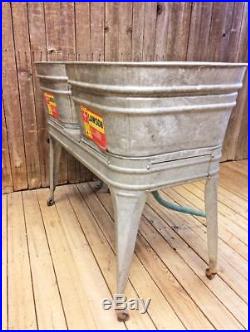 Vintage Double Basin Wash Tub stand metal galvanized rustic beer cooler LAWSON 2