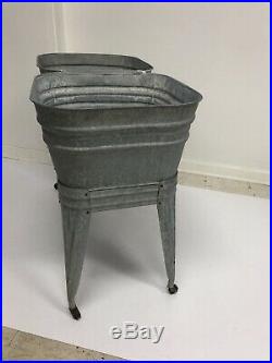 Vintage Double Basin Wash Tub stand metal galvanized rustic planter cooler steel