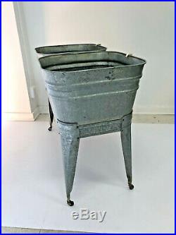Vintage Double Basin Wash Tub stand metal galvanized rustic planter cooler steel