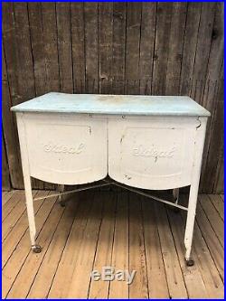 Vintage Double Basin Wash Tub stand metal galvanized rustic planter cooler white