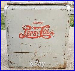 Vintage Drink Pepsi Cola Double Dot Large Gray Metal Ice Cooler Advertisement