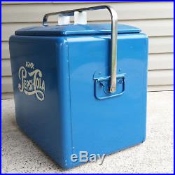 Vintage Drink Pepsi Cola Large Blue Metal Ice Cooler With Tray Very Nice